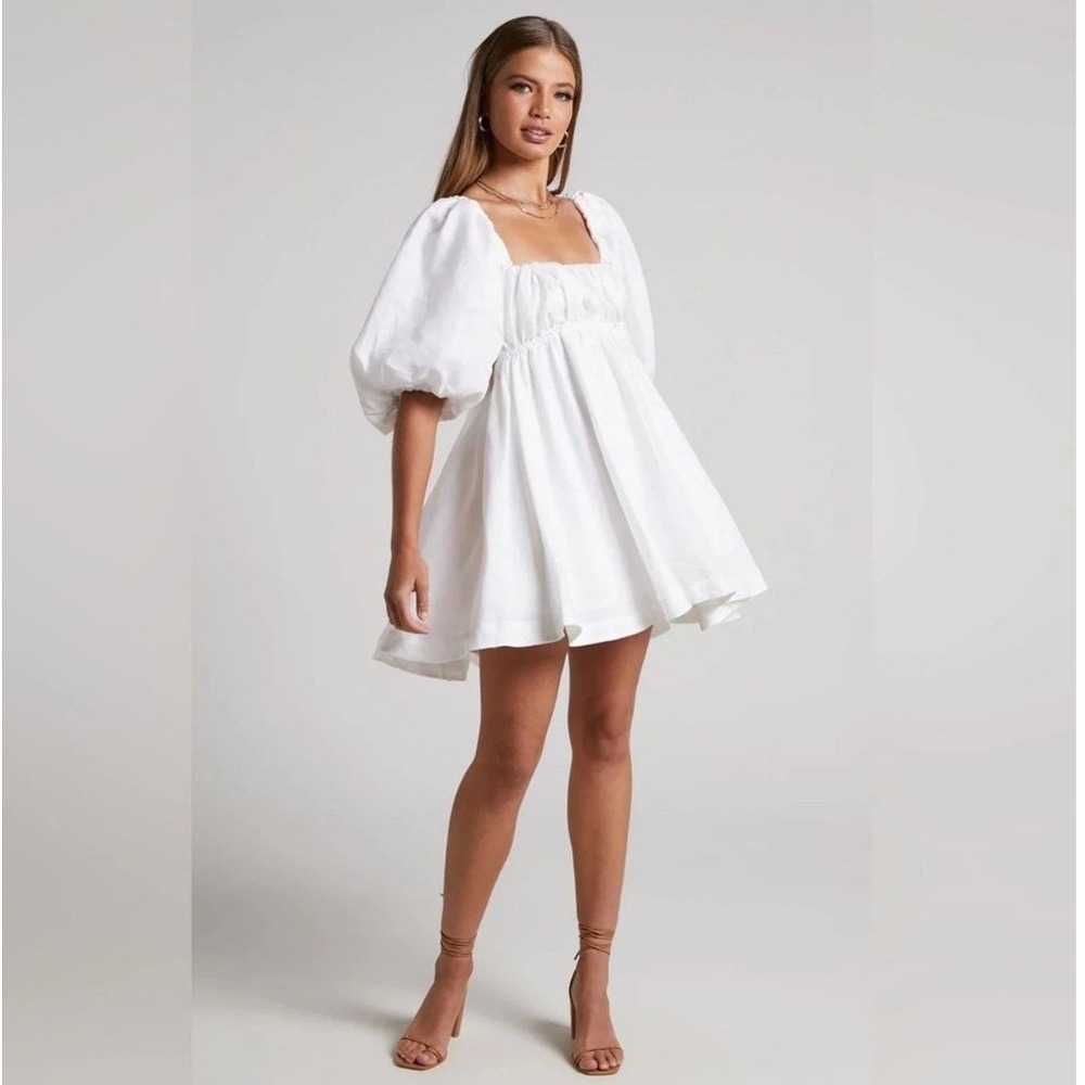 Amalie The Label Hamyya Mini Dress Womens 12 White Linen Puff Sleeve Tie Back